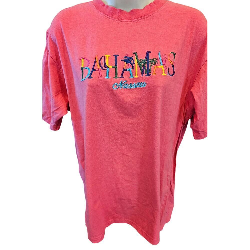 Bahamas embroidered spell out pink vacation t shirt size L large casual comfort